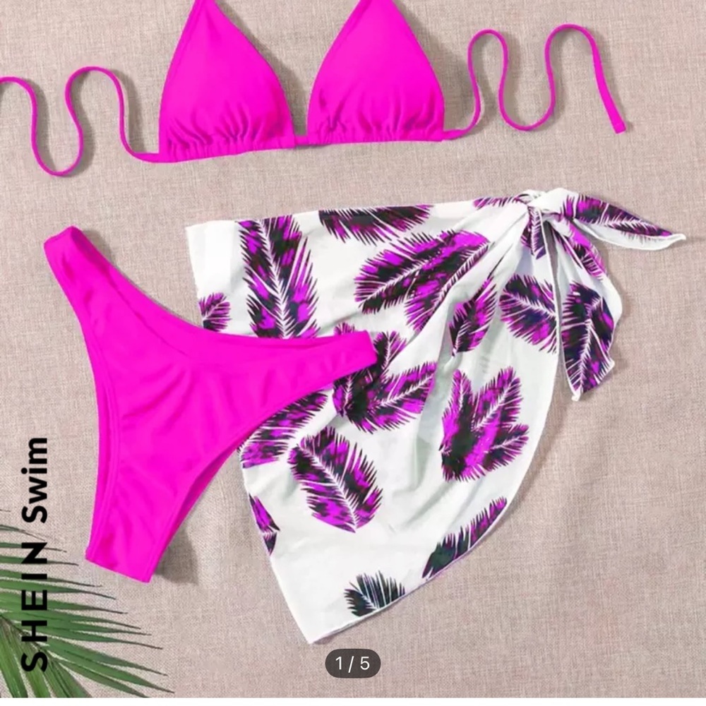 SHEIN Pink Bikini Set with Tropical Sarong